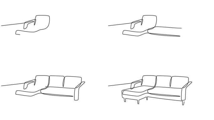 沙发连续线动画视频。时尚的家具概念，客厅内部在移动的线条动画视频风格。4 k的视频