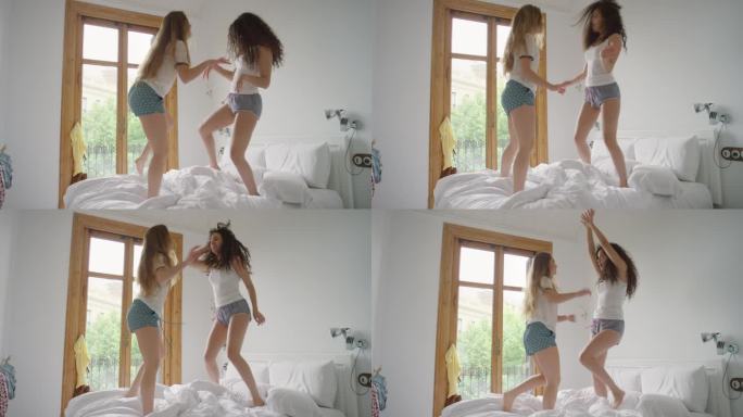 闺蜜们穿着睡衣在床上跳舞，分享在家里闲逛的时刻