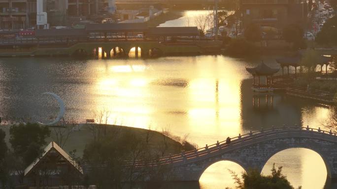 台州温岭九龙湖湿地公园日落航拍