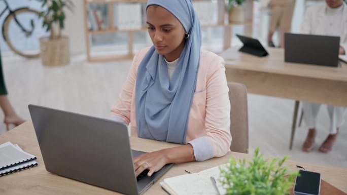 商务女性，办公室策划和电脑在线文案，社交媒体管理和创业实习。穆斯林作家戴着头巾，用笔记本电脑进行网站