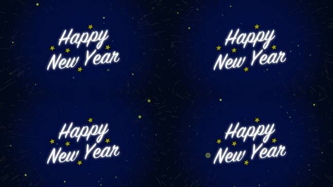 动画图形白色新年快乐庆祝与星光和烟花阿尔法循环粒子辉光视觉效果文字标题背景4K蓝色海蓝色