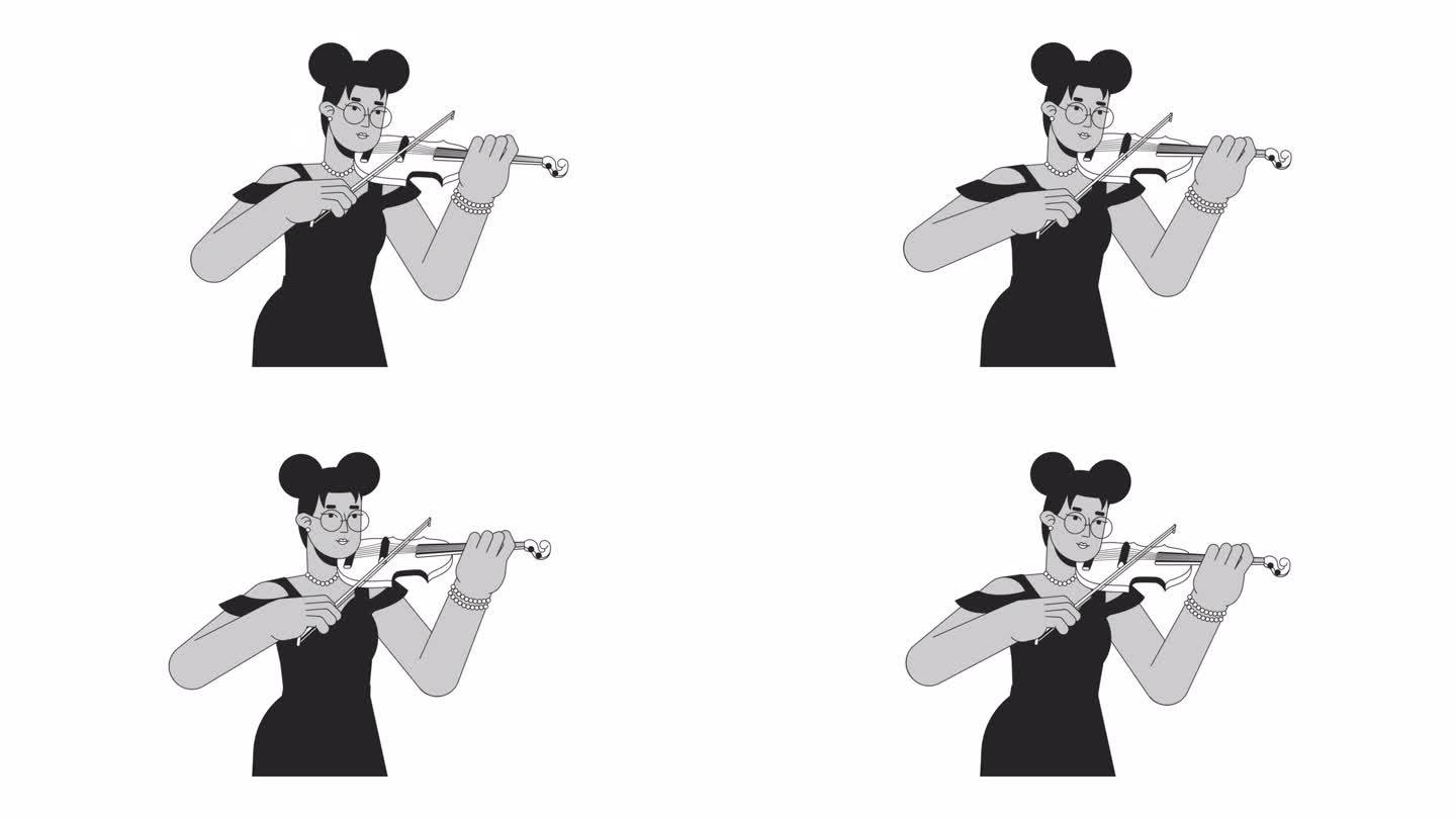 黑人女小提琴手演奏乐器，勾勒出2D人物动画