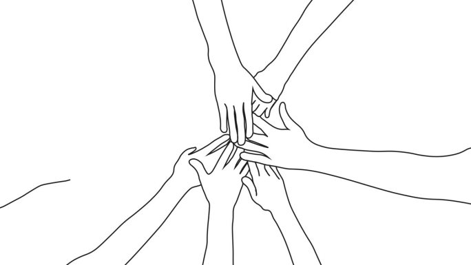 叠手画线动画。许多手一起显示团结，团队精神和团结