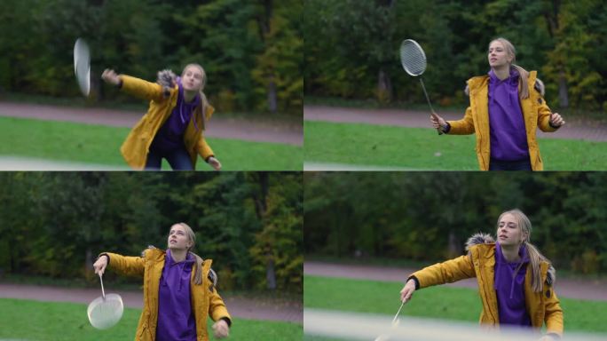 十几岁的女孩在后院打羽毛球