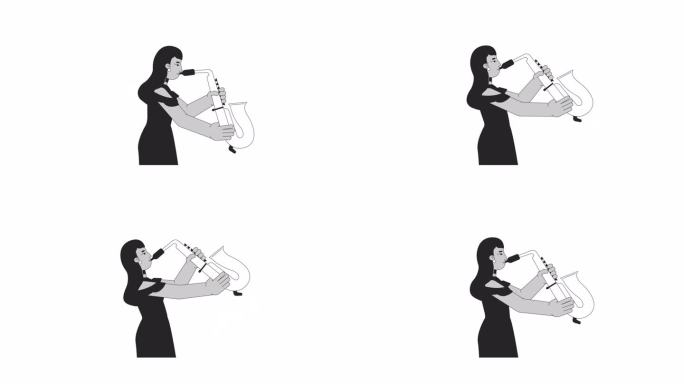 优雅的印度女子演奏萨克斯管，勾勒出2D人物动画