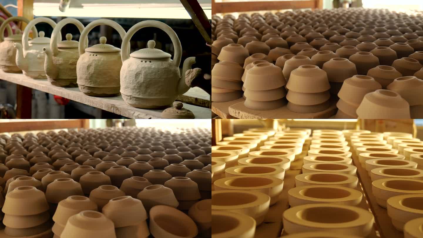 晾干的陶壶茶壶茶杯陶瓷陶具半成品