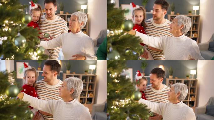 几代同堂的家庭一起装饰圣诞树