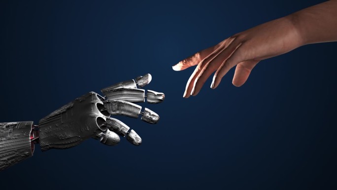 人工智能机器人和人类手指和谐相处。虚拟键。闪亮的激光。