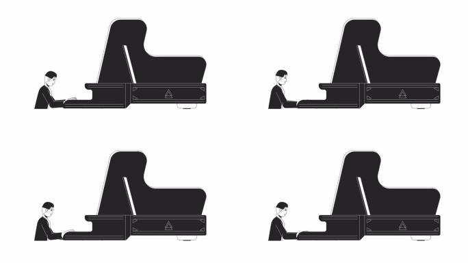 有才华的成年男子在大钢琴上演奏，勾勒出2D人物动画