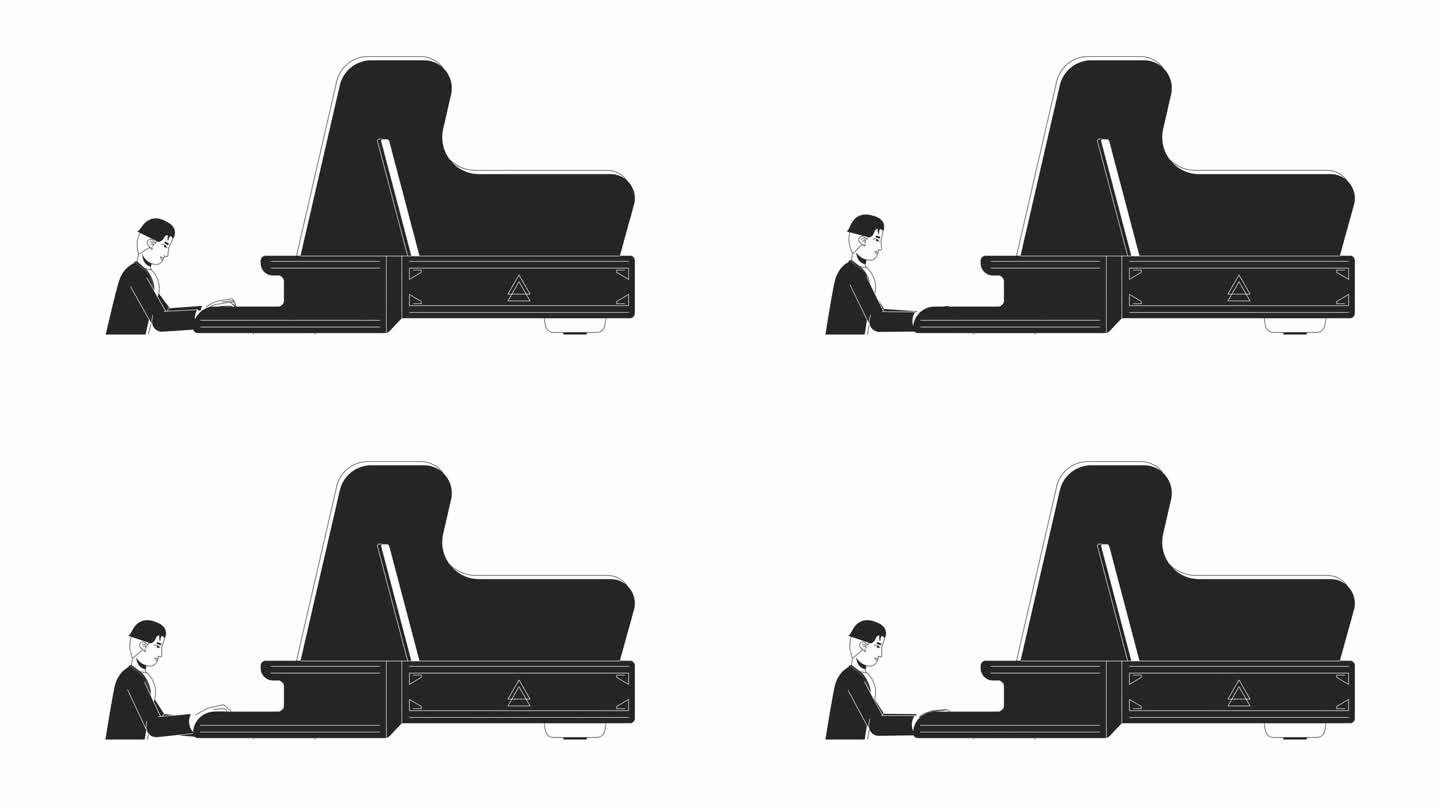 有才华的成年男子在大钢琴上演奏，勾勒出2D人物动画