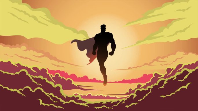 循环的超级英雄剪影漂浮在云层之上飞行股票动画视频