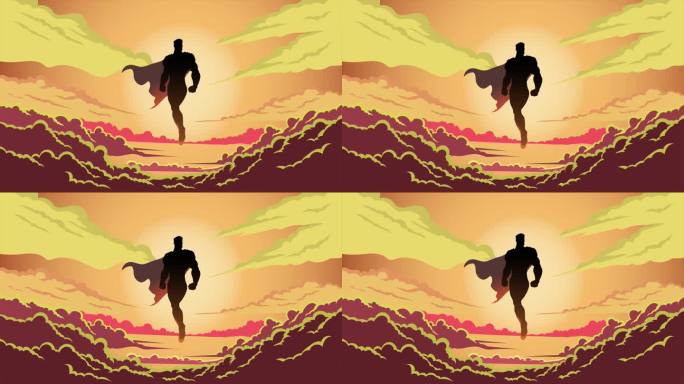 循环的超级英雄剪影漂浮在云层之上飞行股票动画视频