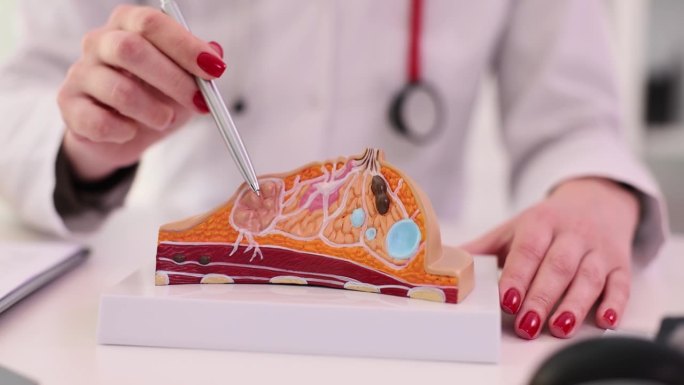女医生用乳房解剖模型解释乳腺疾病