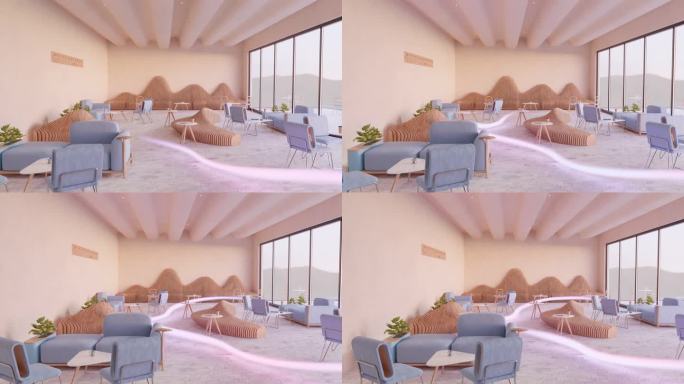 带有木质纹理家具的现代客厅滑块镜头，3D渲染