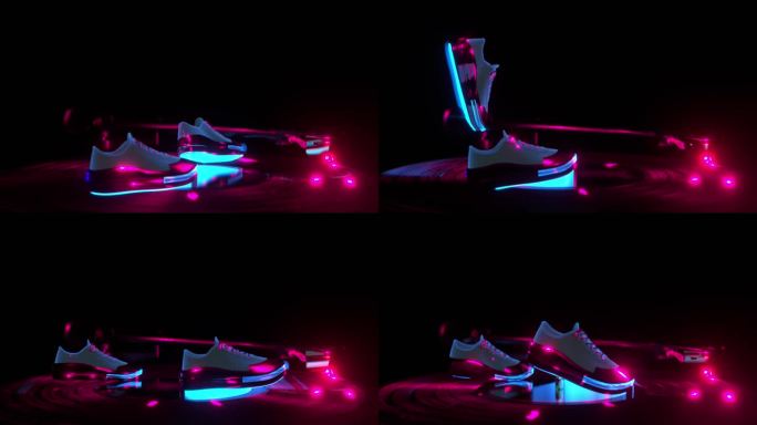 跳舞抽象的鞋子，霓虹灯，在黑胶唱片机，美丽的背景音乐