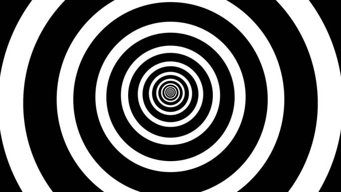 数字生成重复白色抽象混乱和催眠同心圆在孤立的黑屏背景上移动