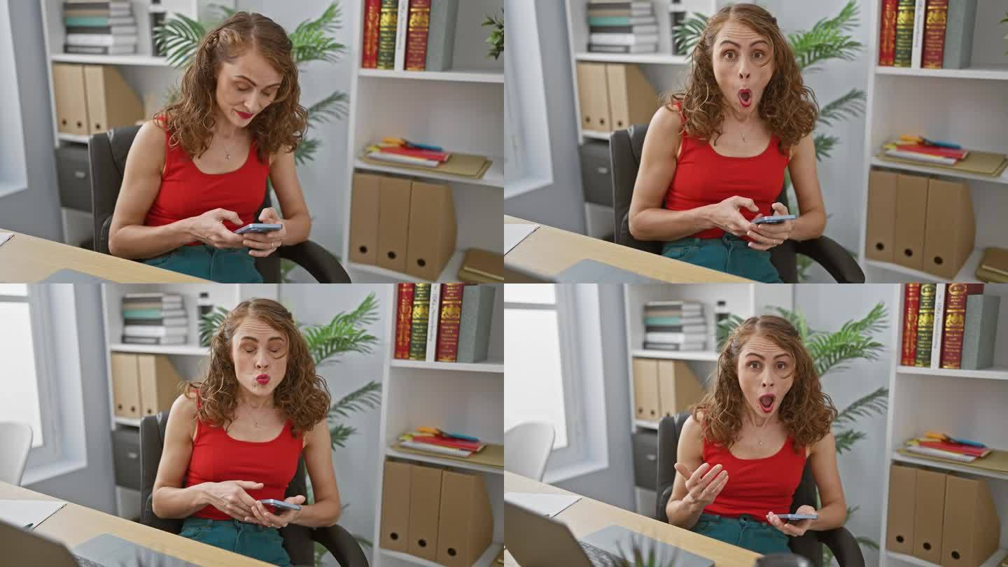 震惊的年轻女子张大嘴巴在办公室用智能手机，脸上写满了难以置信的表情!