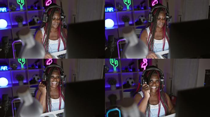 非裔美国女主播在游戏室带着胜利者的表情玩电子游戏