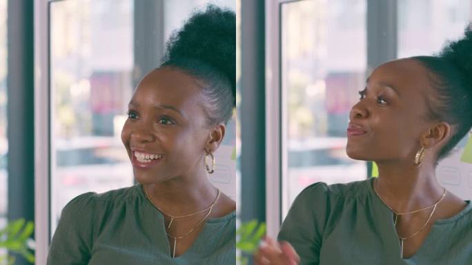 会议，演讲和专业的黑人女性在办公室策划和头脑风暴的想法。讨论，研究和年轻的非洲创意设计师在工作场所董