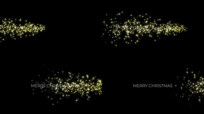 飞翔的金色闪光，闪闪发光的星星粒子与出现的文字圣诞快乐