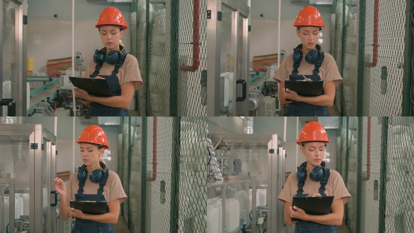 在除草剂工厂工作的女性，头戴橙色头盔，身穿防护服