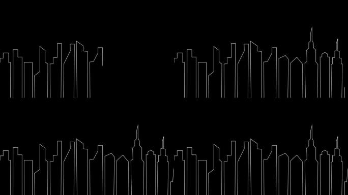 城市景观的动画绘制线动画在白色背景。单线绘制摩天大楼公寓和塔楼。