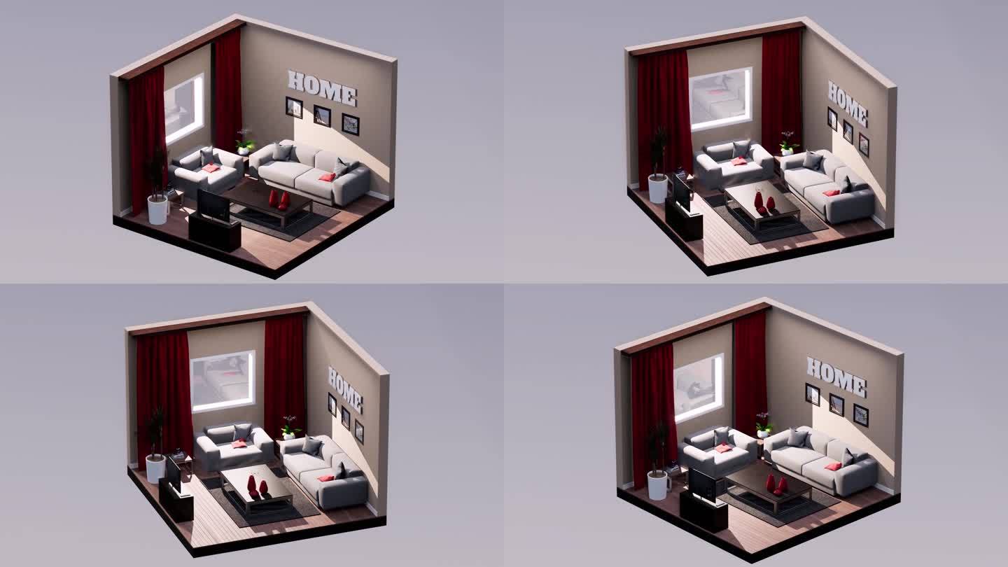三维等距客厅，配有灰色沙发和椅子，电视架，桌子，左右旋转，无缝循环3D动画，室内设计3D场景