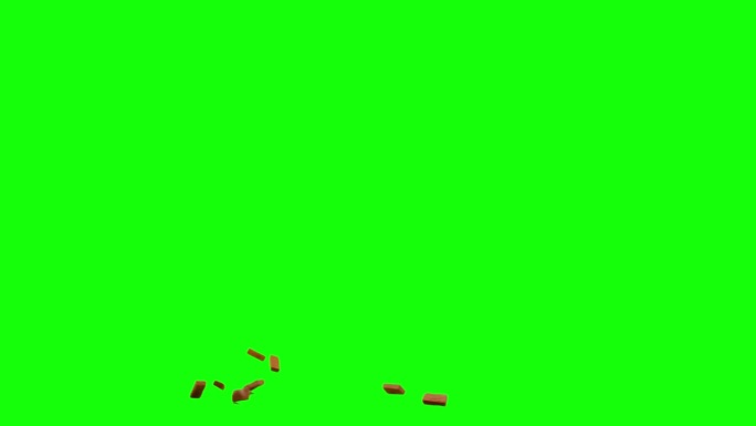 大块砖块从屏幕左侧滑动，并在假想的平面上散射，绿色屏幕背景，动画覆盖色度键混合选项视频。砖头扔了。