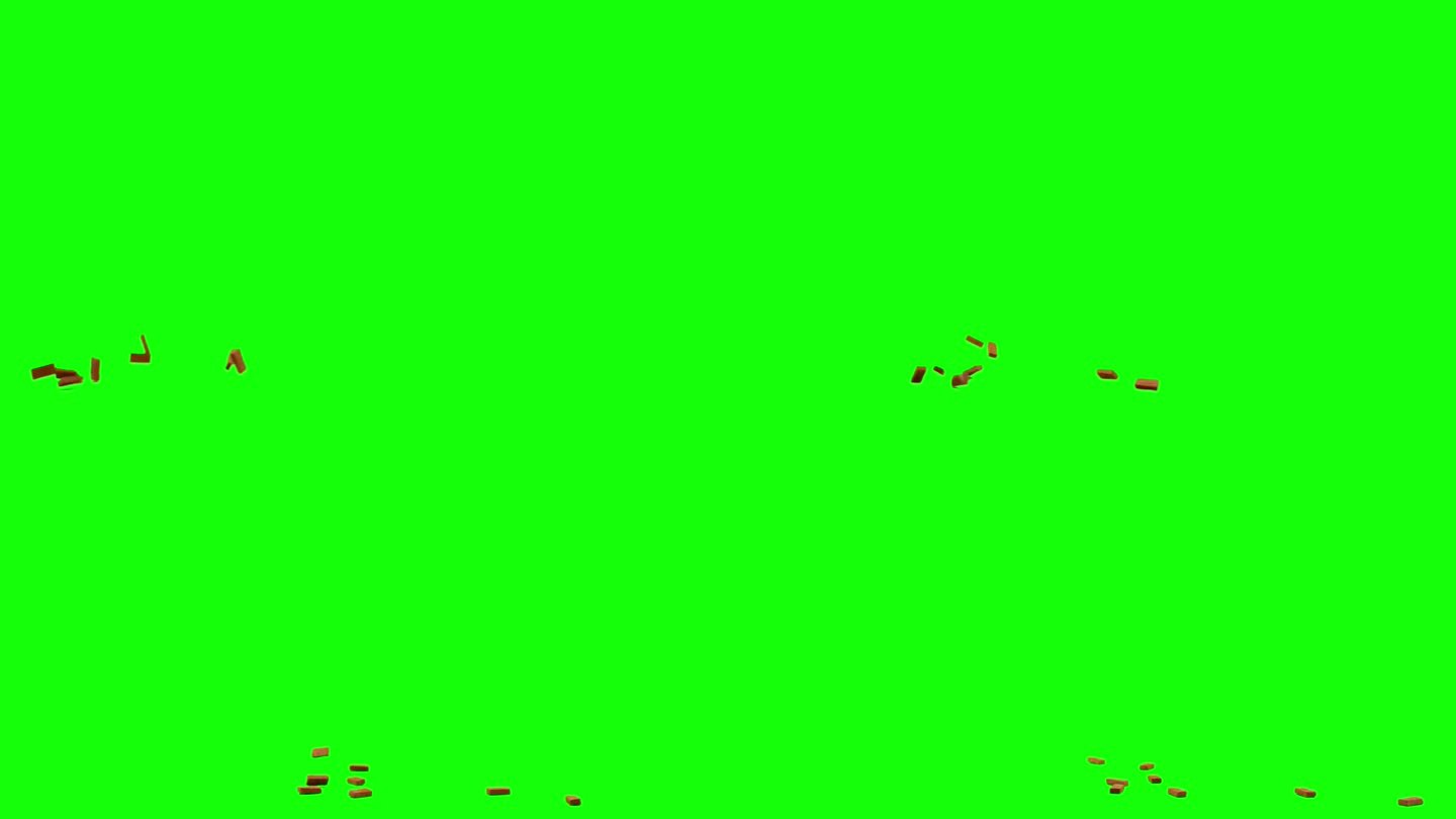 大块砖块从屏幕左侧滑动，并在假想的平面上散射，绿色屏幕背景，动画覆盖色度键混合选项视频。砖头扔了。