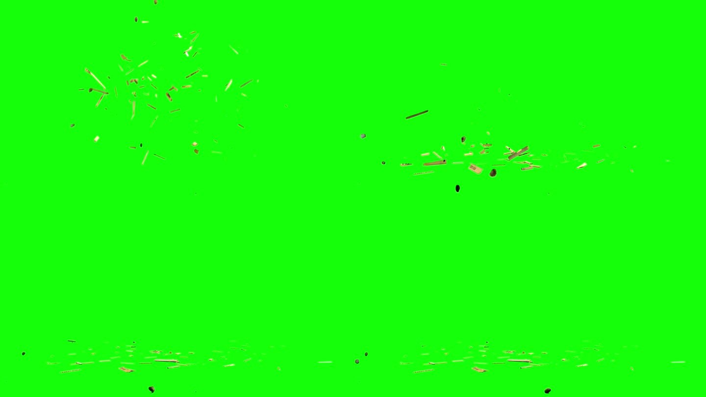 结合碎片的木材和岩石爆炸和散射在绿色屏幕背景表面。用于色度键透明混合的动画叠加。爆炸和爆破的概念。
