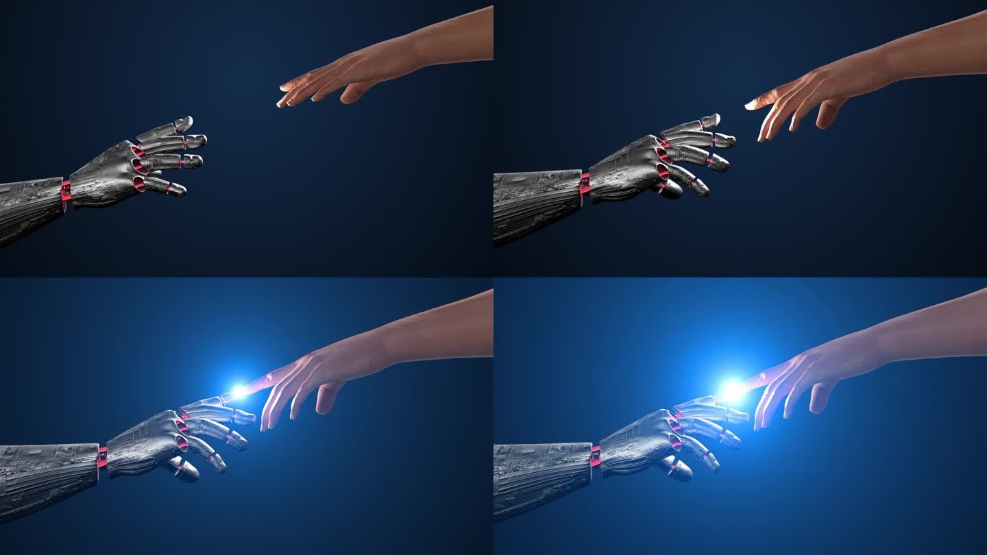 触摸的未来。人工智能机器人和人类的手指。电流。