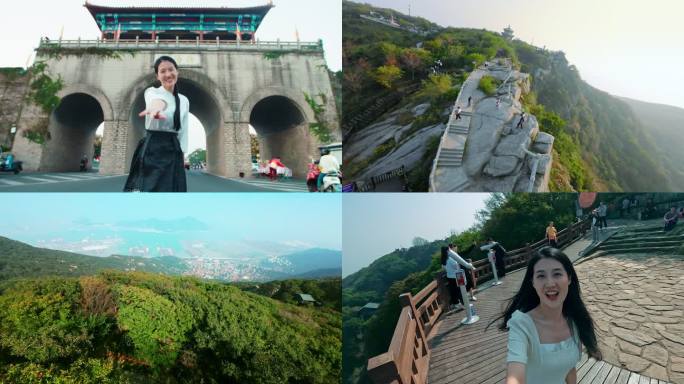 美女游玩古城山海岛屿穿越机飞越古城山海