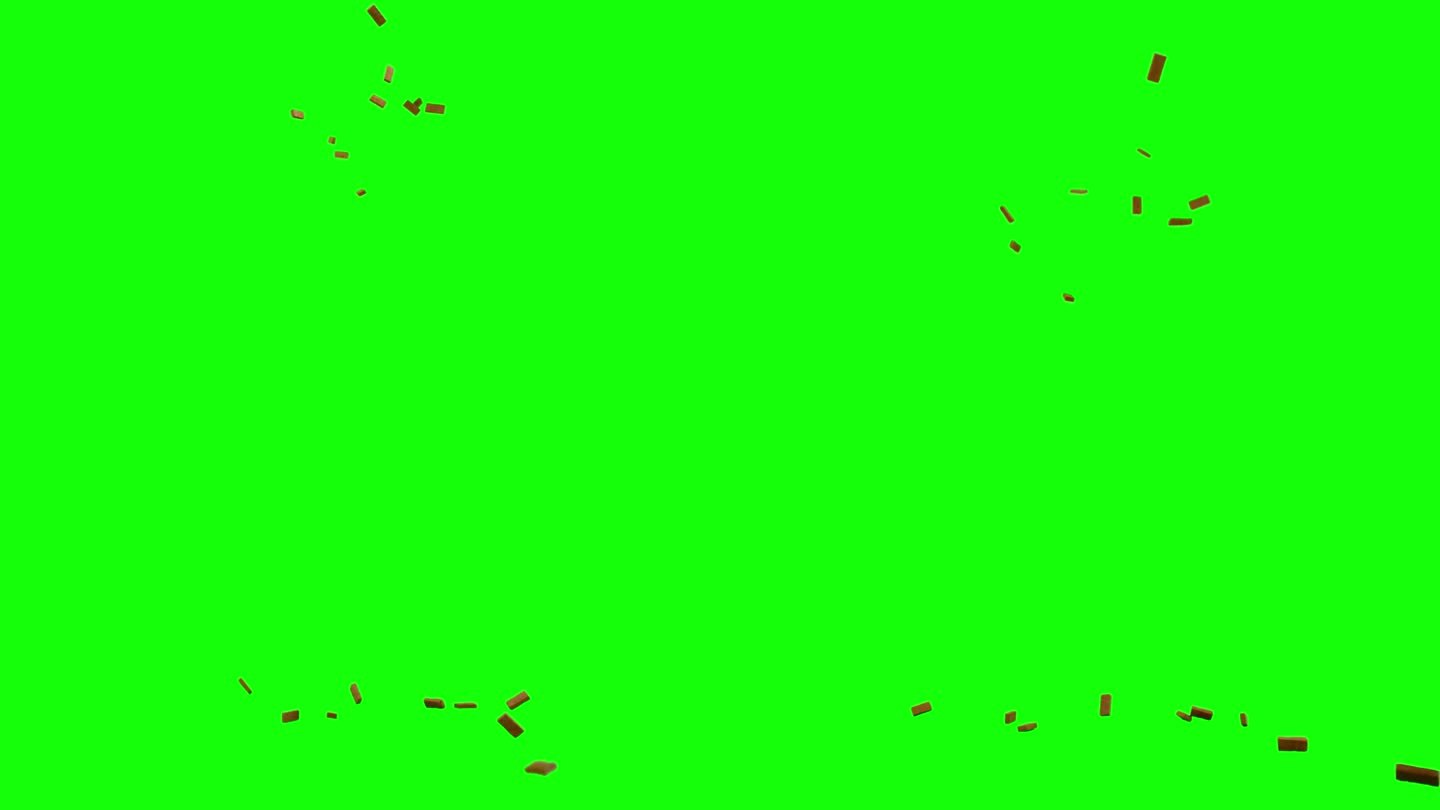 掉落的砖块，砖块在屏幕中心爆炸，在想象的平面上掉落和散射，绿色屏幕背景，用于色度键混合选项的动画覆盖