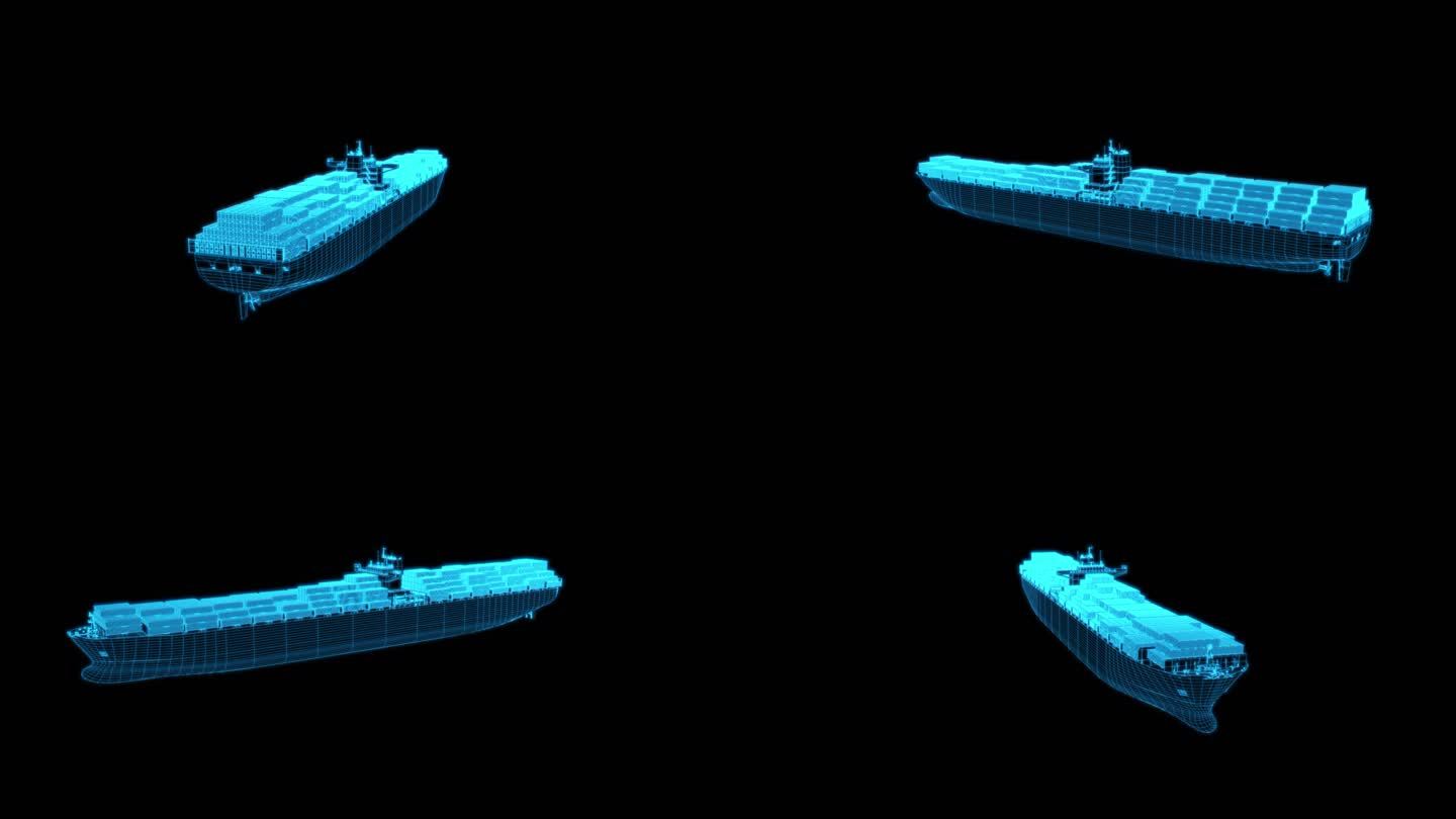 4K全息蓝色科技线框集装箱货船动画