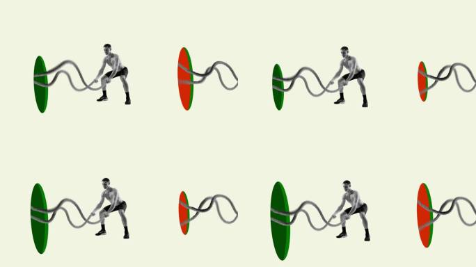 创意定格。动画。年轻的好动的人，用绳子训练。创意、行动、能量、运动、竞争和广告的概念。