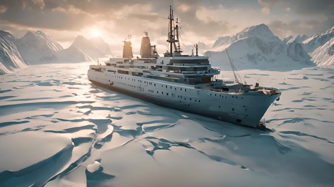 北极科考船破冰船航行