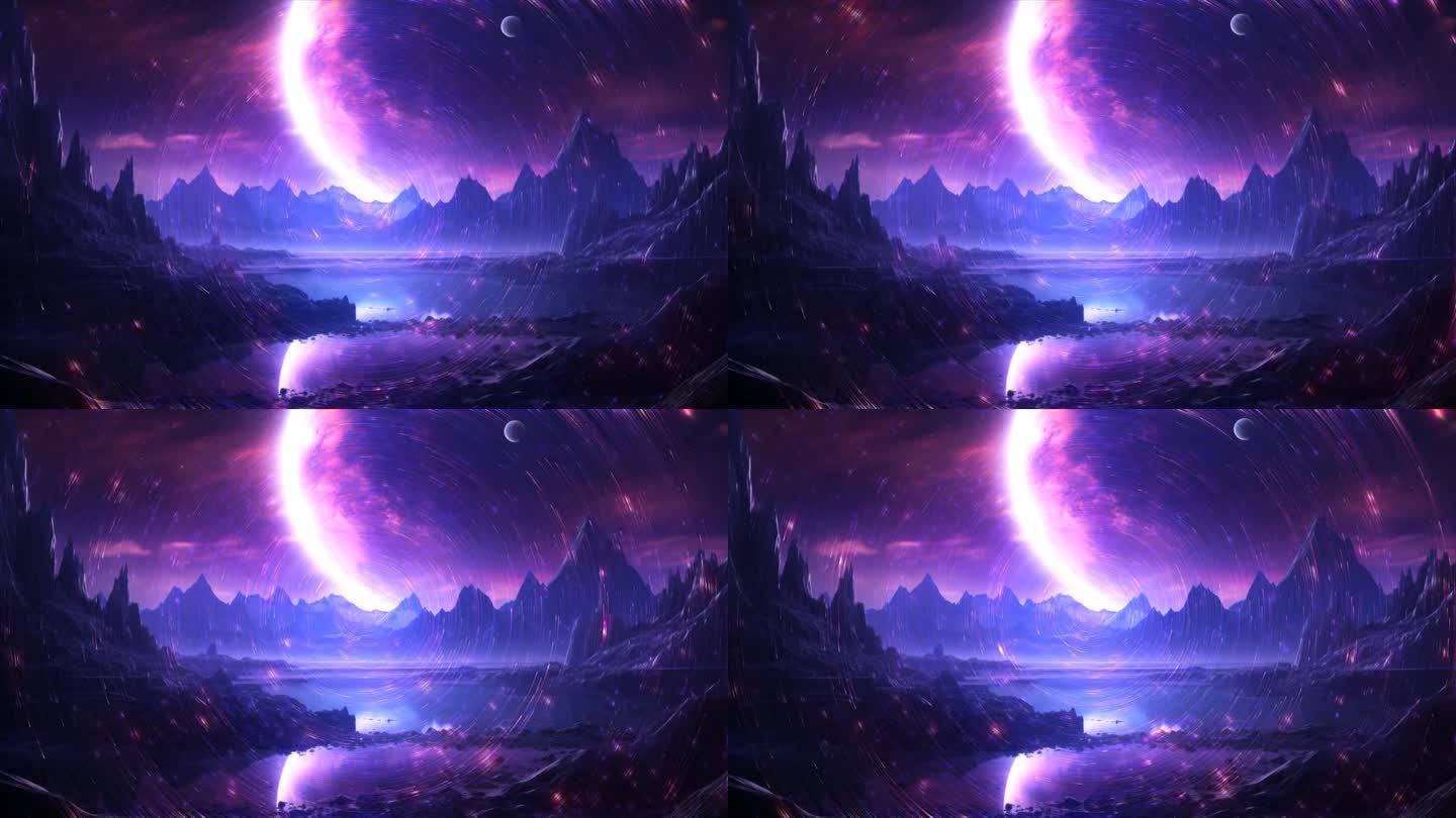 3d渲染空间艺术:外星星球-一个幻想的景观与紫色的天空和星星。