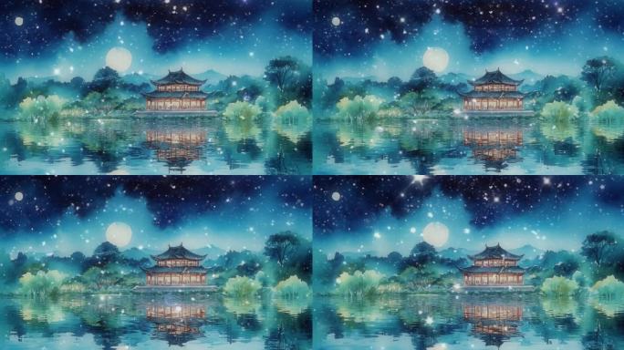 中式建筑夜景闪烁星点