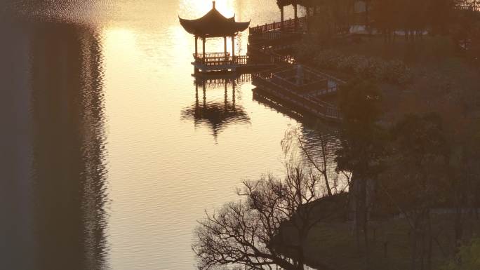 台州温岭九龙湖湿地公园日落航拍