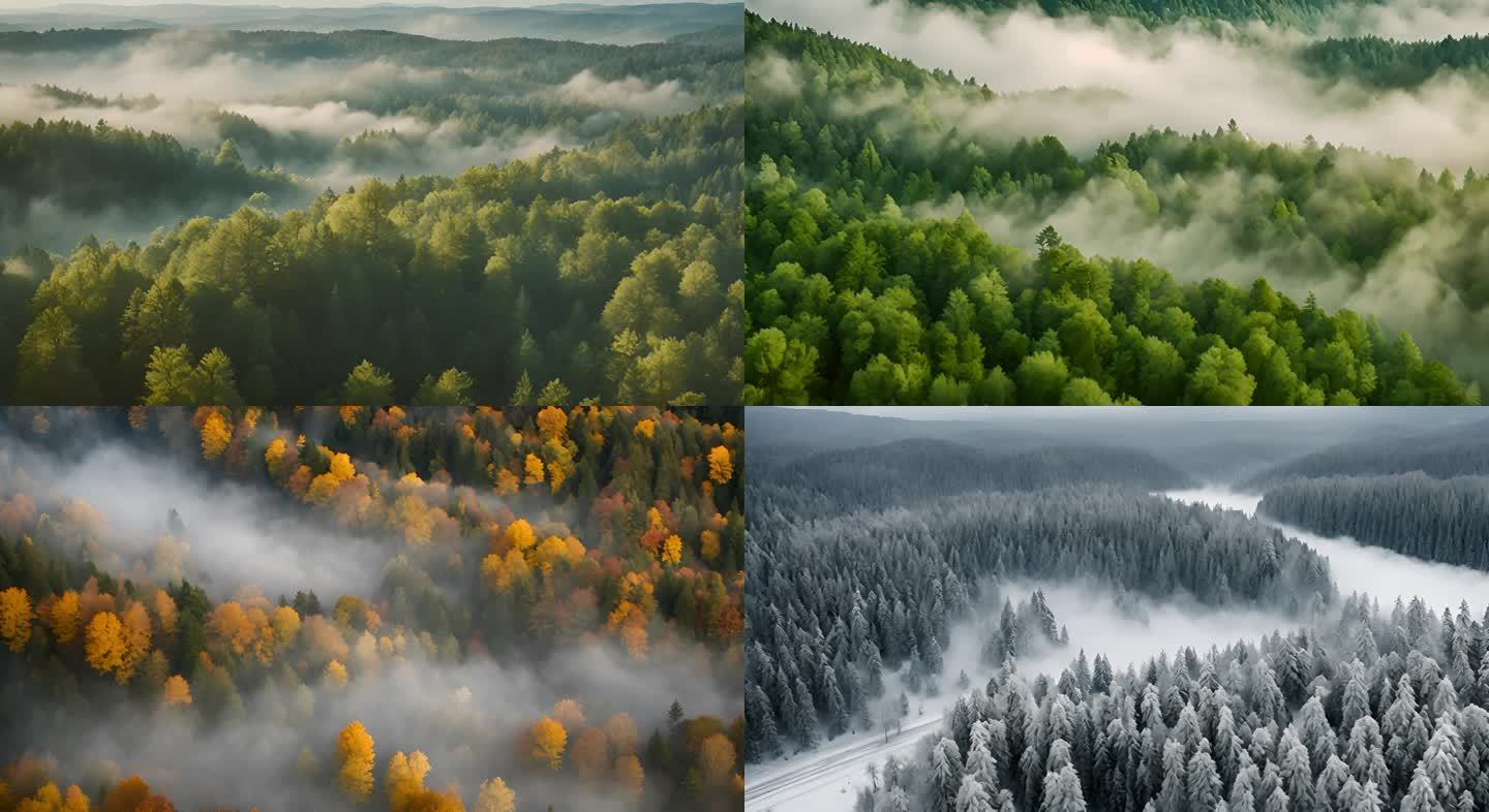 大山森林树木四季变化 大雾金秋雪白森林