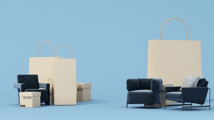 室内设计概念甩卖打折促销纺纱家具沙发、扶手椅。周围有购物袋和纸板箱，上面有广告横幅。蓝色的基调。3d