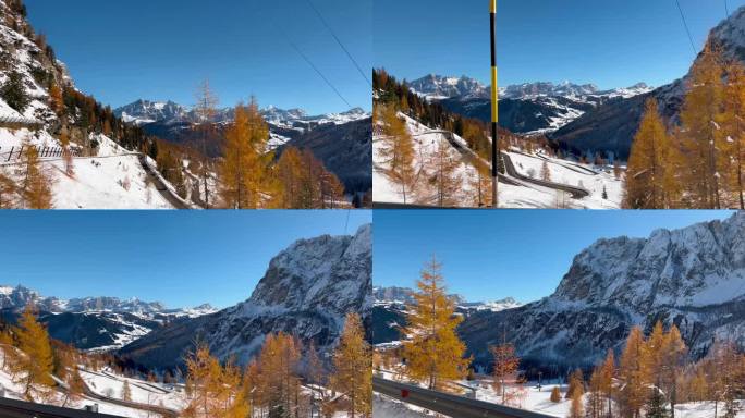 2023年11月5日，意大利多洛米蒂阿尔卑斯雪山公路上的冬日风景