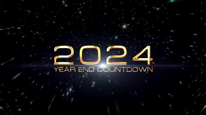 2024新年快乐结束倒计时金色文字闪耀着黑色抽象背景上的电影标题。