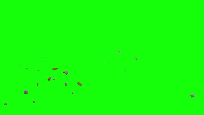 砖块和岩石掉落的碎片，从屏幕的左侧出现，并在假想的平面上散射，绿色屏幕背景，彩色键混合选项的动画覆盖
