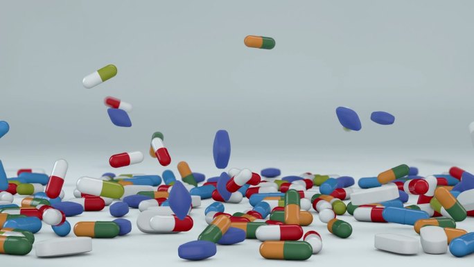 许多掉落的胶囊、药丸和片剂的药物和食品补充剂-三维插图