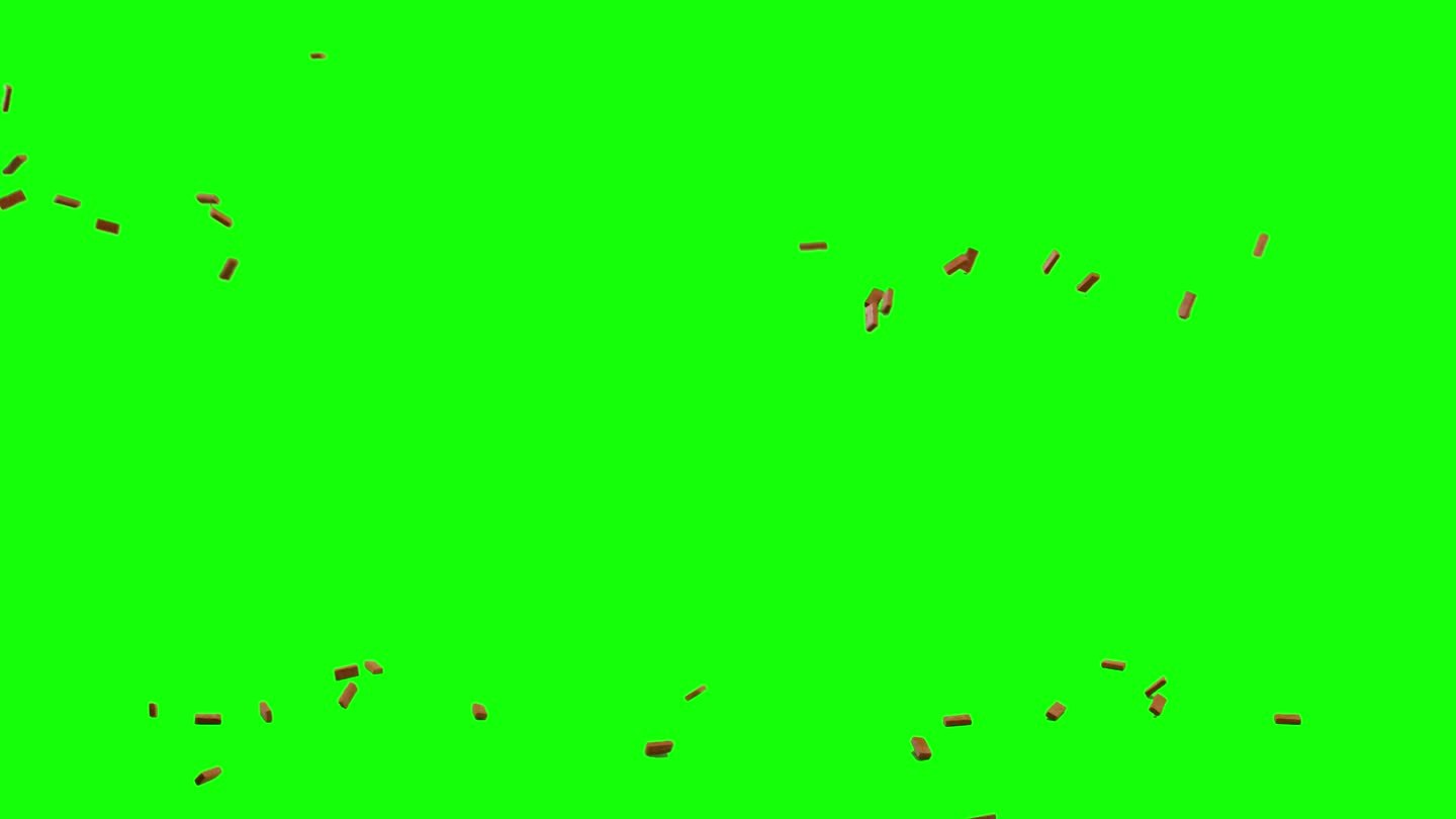 投掷砖块，砖块从左上角进入屏幕，在想象的平面上掉落和散射，绿色屏幕背景，彩色键混合选项的动画覆盖。