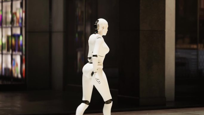 在大城市的街道上行走的女性机器人。人形人工智能机器人过马路。3 d动画。未来的自动化工作。