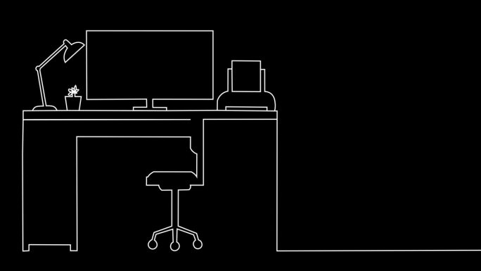 书桌办公室绘制单线动画。桌子上的桌面与椅子和没有人动画连续线。