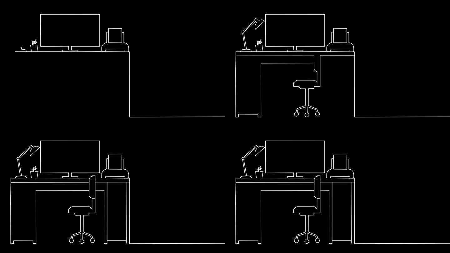 书桌办公室绘制单线动画。桌子上的桌面与椅子和没有人动画连续线。