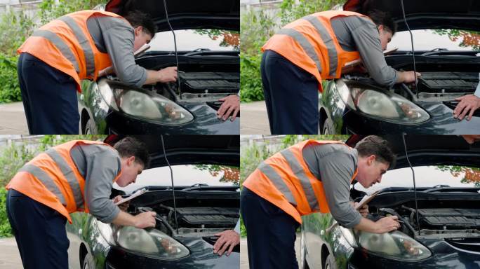 保险人员穿着橙色反光安全装备，在事故后评估中检查车辆的损坏情况。准备保险理赔文件，供白人男性办公室职